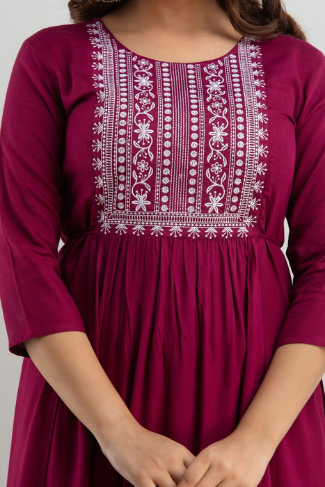 Women's Solid Dyed Rayon Designer Embroidered A-Line Kurta - KR0105WINE