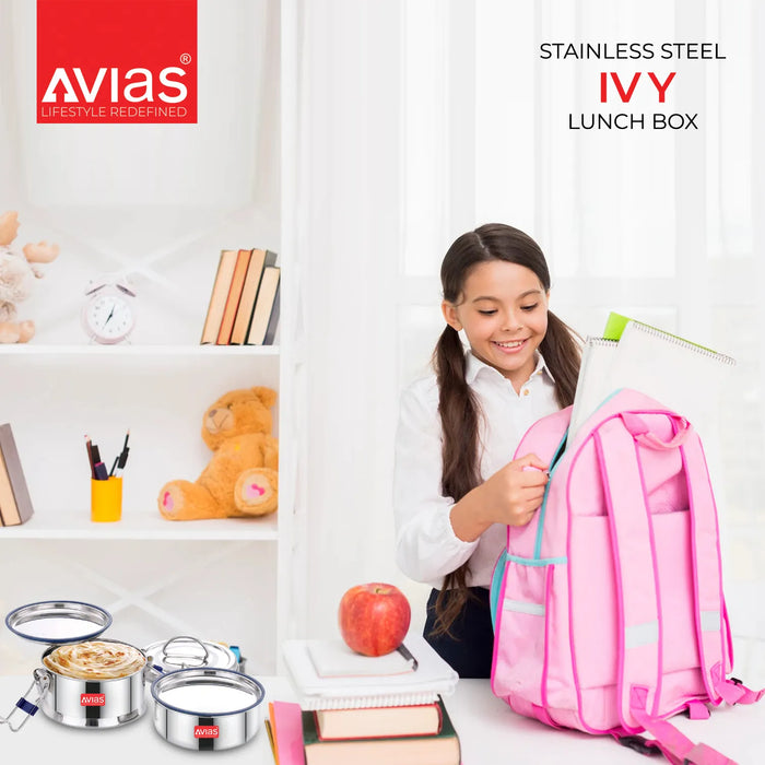 Ivy Lunch Box | Stainless Steel Boxes With Silicon Bonded Ss Lid | Durable Machine Wash Cover Bag | 2/3/4 Containers