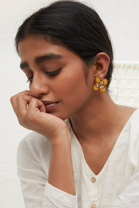 Yellow Bloom Fabric And Wood Flower Stud