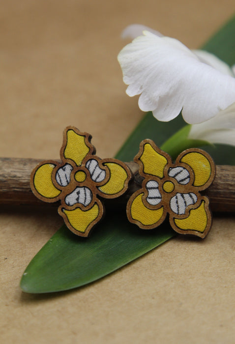 Yellow Bloom Fabric And Wood Flower Stud