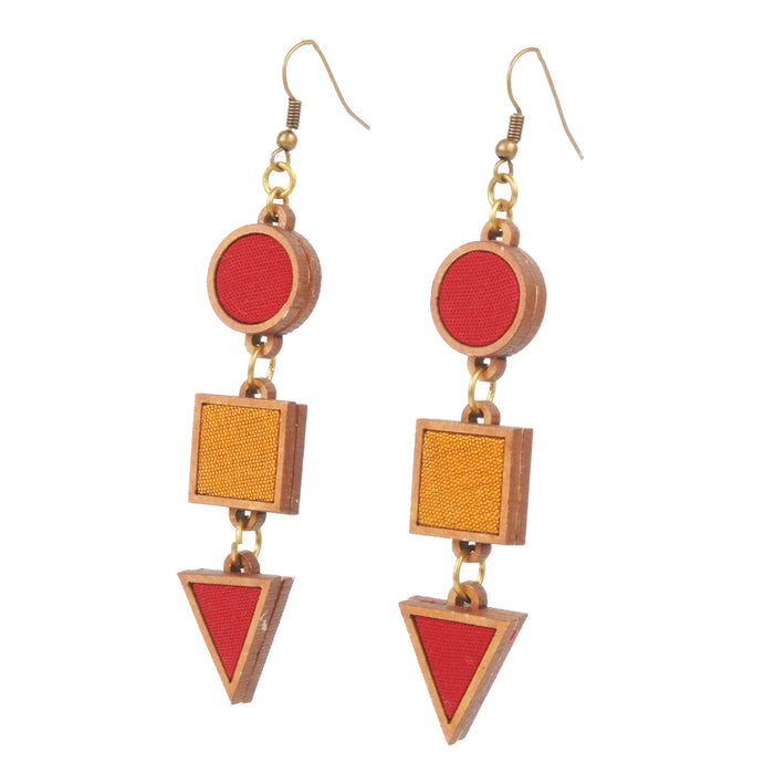 Red And Yellow Fabric And Wood Geometrical Earring