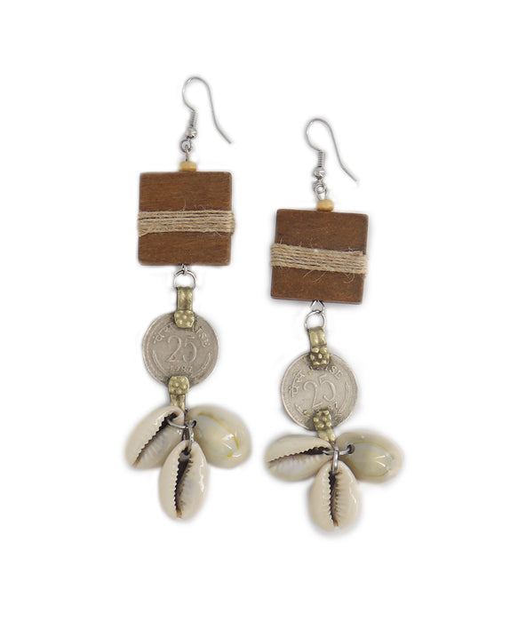 Wood & Repurposed Coin Earring