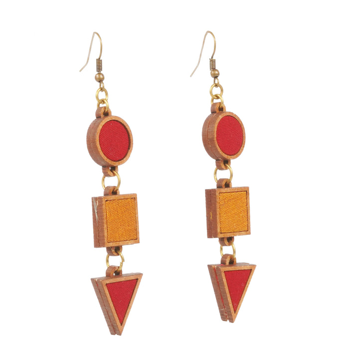 Red And Yellow Fabric And Wood Geometrical Earring