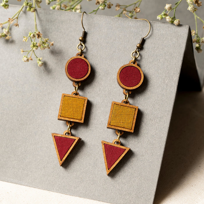 Red And Yellow Fabric And Wood Geometrical Earring