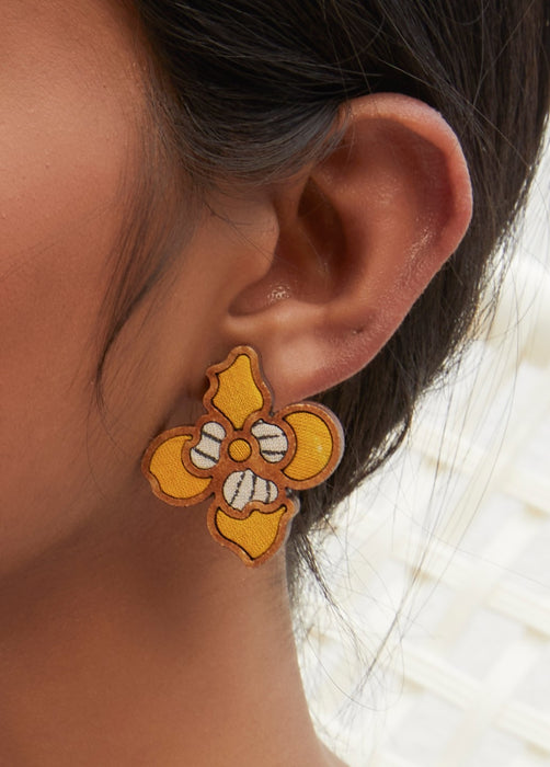 Yellow Bloom Fabric And Wood Flower Stud