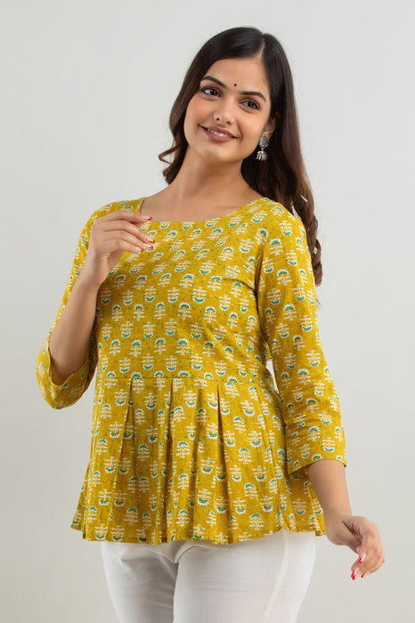 Women's Pure Cotton Printed Hip Length Formal Tops KRT026YELLOW