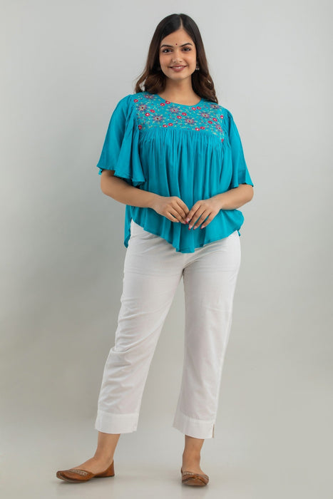 Women's Rayon embroidered Hip Length Formal Tops KRT019TURQUOISE