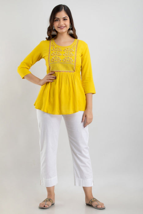 Women's Rayon embroidered Hip Length Formal Tops KRT021MUSTARD