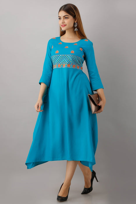 Women's Solid Dyed Rayon Designer Embroidered A-Line Kurta - KR063TURQUOISE