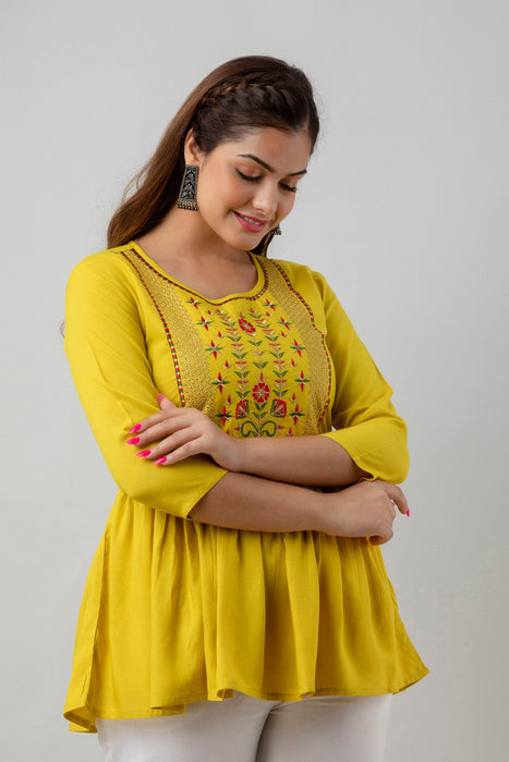 Women's Rayon embroidered Hip Length Formal Tops KRT036MUSTARD