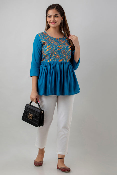 Women's Rayon embroidered Hip Length Formal Tops KRT037BLUE