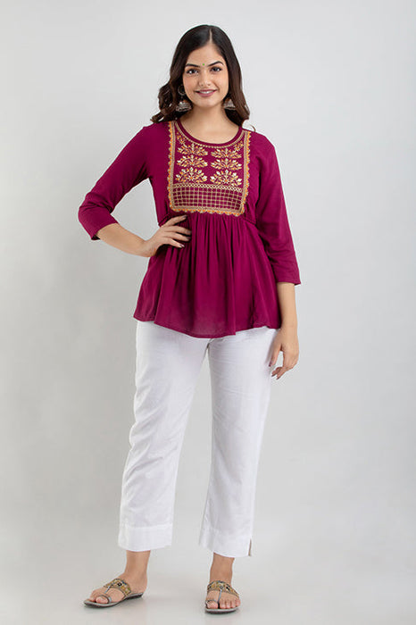 Women's Rayon embroidered Hip Length Formal Tops KRT021WINE