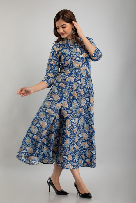 Women's Pure Cotton Printed Ankle Length Flared Traditional Kurta KR0109BLUE