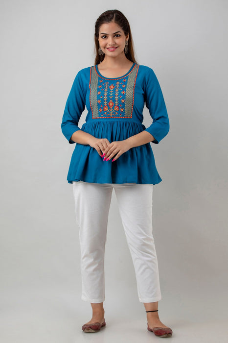 Women's Rayon embroidered Hip Length Formal Tops KRT036BLUE