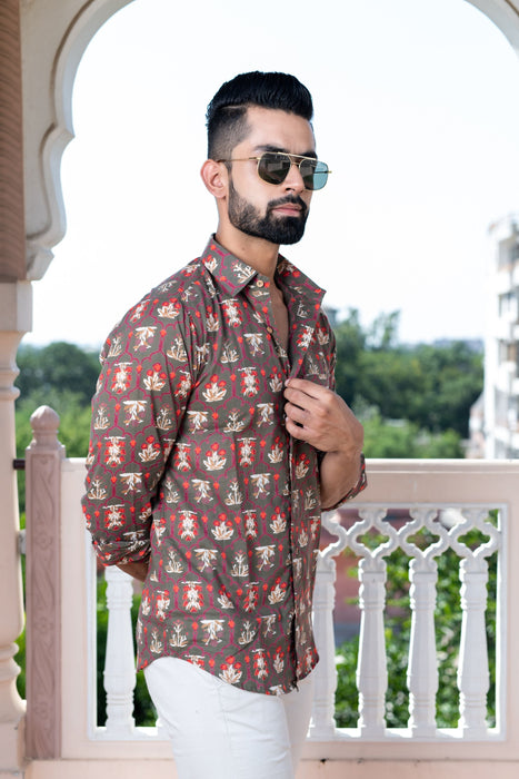 Moss Green Floral Print Casual Shirt