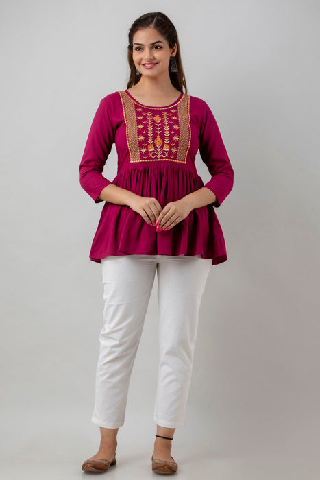 Women's Rayon embroidered Hip Length Formal Tops KRT036WINE