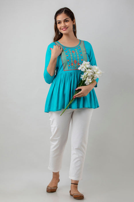 Women's Rayon embroidered Hip Length Formal Tops KRT036TURQUOISE