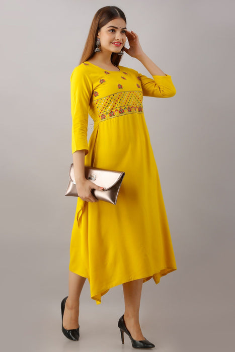 Women's Solid Dyed Rayon Designer Embroidered A-Line Kurta - KR063MUSTARD