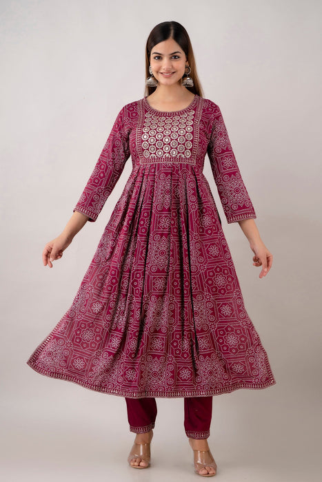 Traditional Zari Embroidery Work A-Line Kurta With Trouser & Dupatta - KR3004WINE