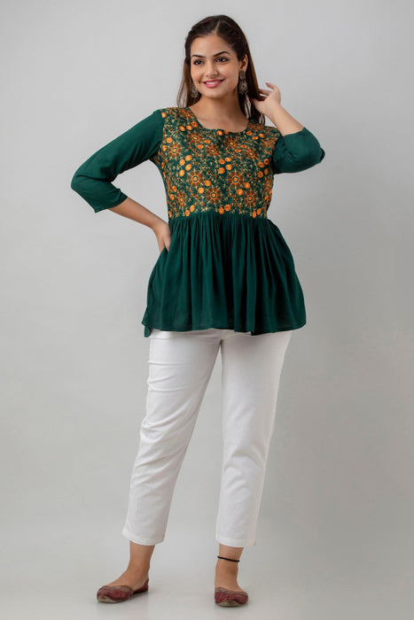 Women's Rayon embroidered Hip Length Formal Tops KRT037GREEN