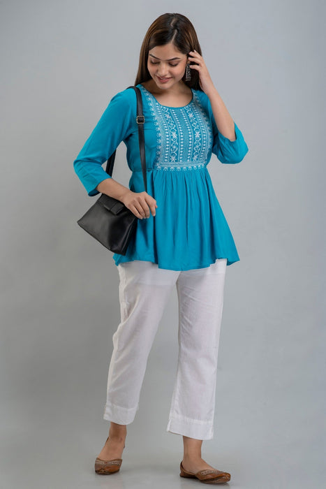 Women's Rayon embroidered Hip Length Formal Tops KRT035TURQUOISE