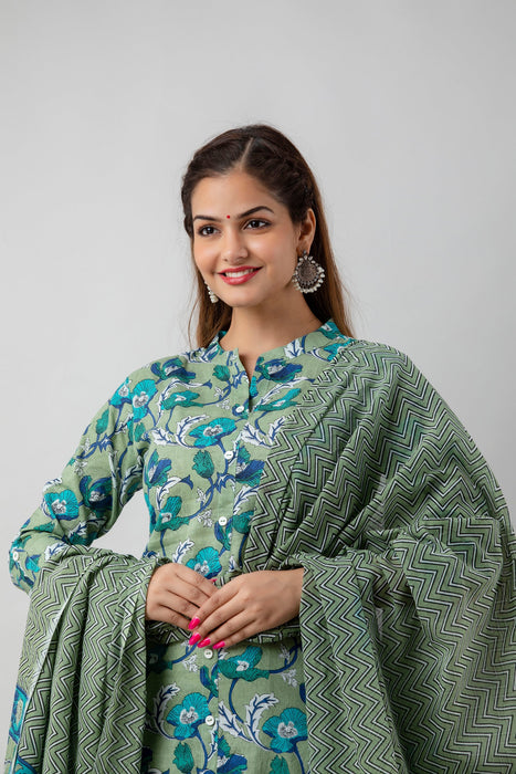 Traditional Zari Embroidery Work A-Line Kurta With Trouser & Dupatta - KR3002GREEN