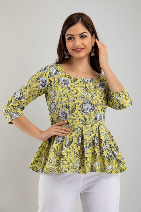 Women's Pure Cotton Printed Hip Length Formal Tops KRT030YELLOW