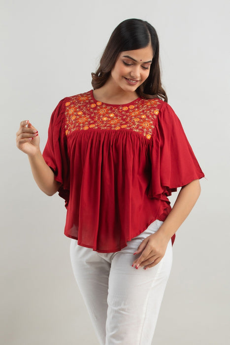 Women's Rayon embroidered Hip Length Formal Tops KRT019MAROON