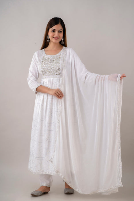 Traditional Zari Embroidery Work A-Line Kurta With Trouser & Dupatta - KR3004WHITE