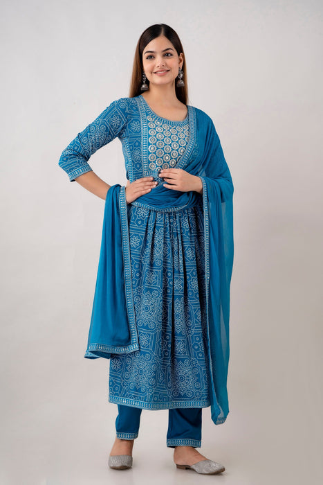 Traditional Zari Embroidery Work A-Line Kurta With Trouser & Dupatta - KR3004BLUE