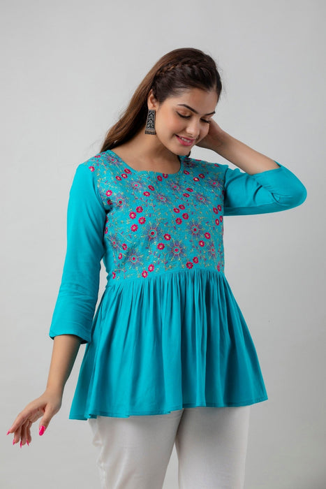 Women's Rayon embroidered Hip Length Formal Tops KRT037TURQUOISE