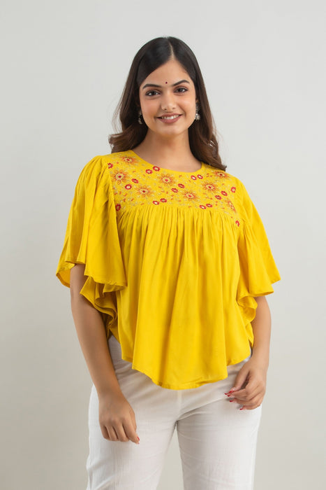 Women's Rayon embroidered Hip Length Formal Tops KRT019MUSTARD