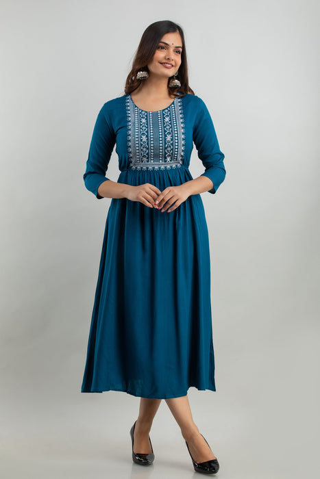 Women's Solid Dyed Rayon Designer Embroidered A-Line Kurta - KR0105BLUE