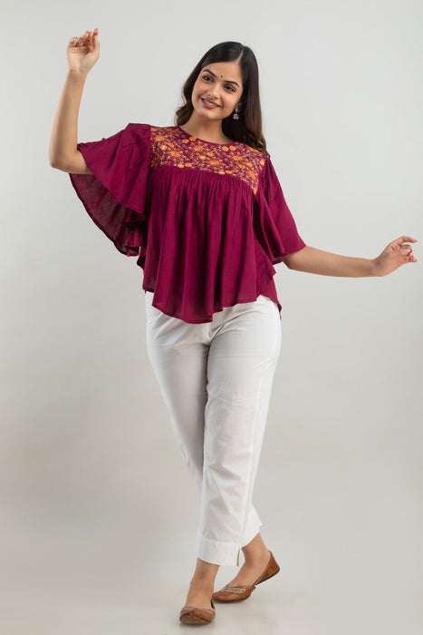 Women's Rayon embroidered Hip Length Formal Tops KRT019WINE