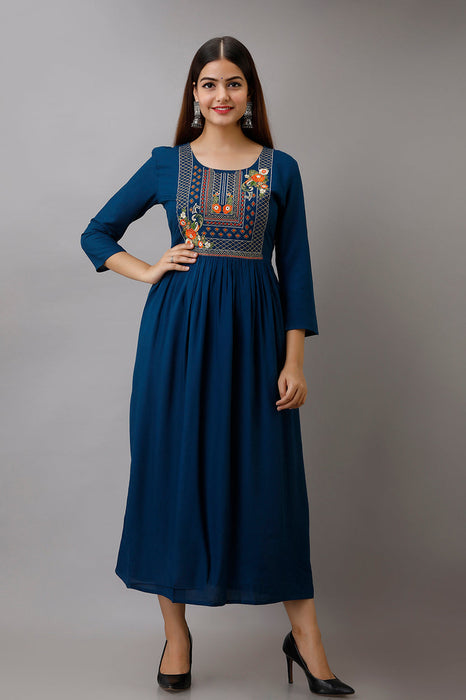 Women's Solid Dyed Rayon Designer Embroidered A-Line Kurta - KR037BLUE