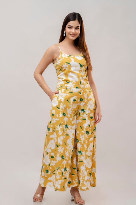 Cotton Sleeveless Yellow Floral Print Co-ord Set-WT6003YELLOW