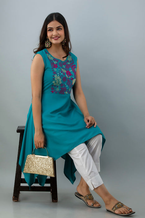 Women's Solid Dyed Rayon Designer Embroidered A-Line Kurta - KR0100TURQUOISE