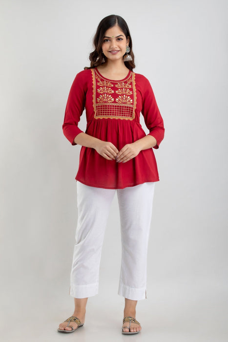 Women's Rayon embroidered Hip Length Formal Tops KRT021MAROON