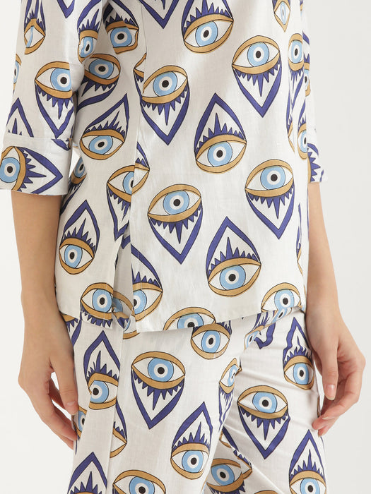 Notched Neck White Evil Eye Co-ord Set-CK-WHITEEVILEYENOTCHED