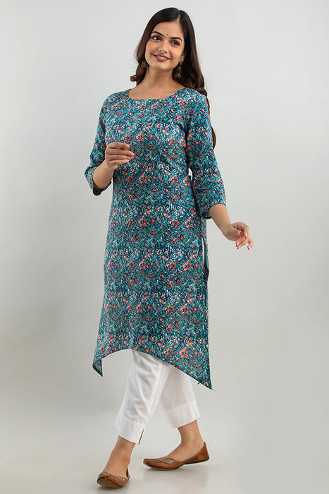 Women's Rayon Printed Calf Length Straight Kurta KR0108BLUE