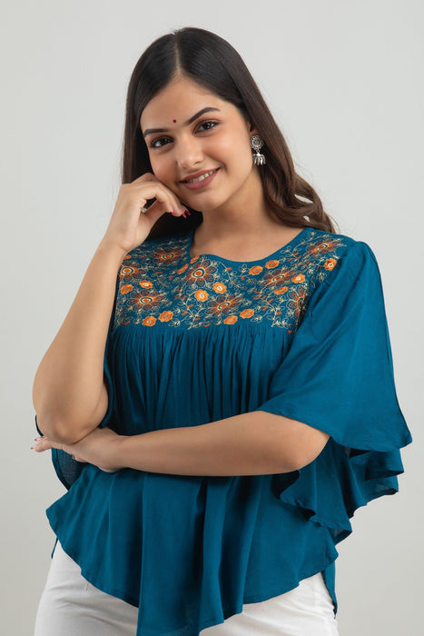 Women's Rayon embroidered Hip Length Formal Tops KRT019BLUE