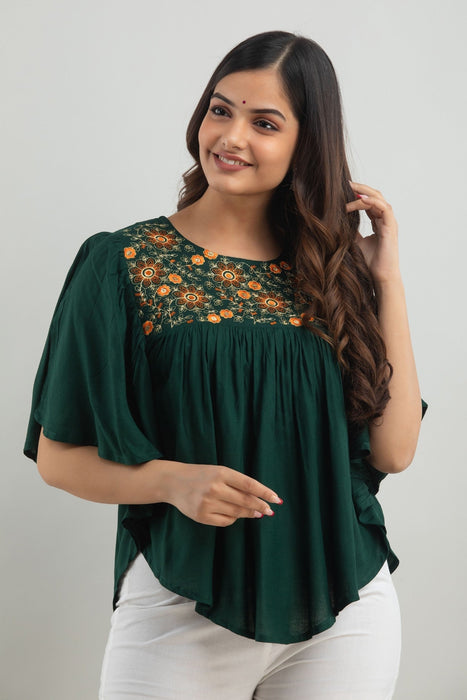 Women's Rayon embroidered Hip Length Formal Tops KRT019GREEN