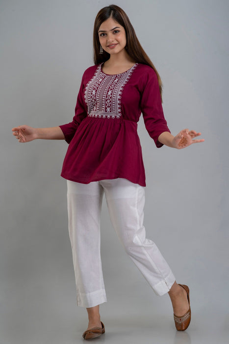 Women's Rayon embroidered Hip Length Formal Tops KRT035WINE