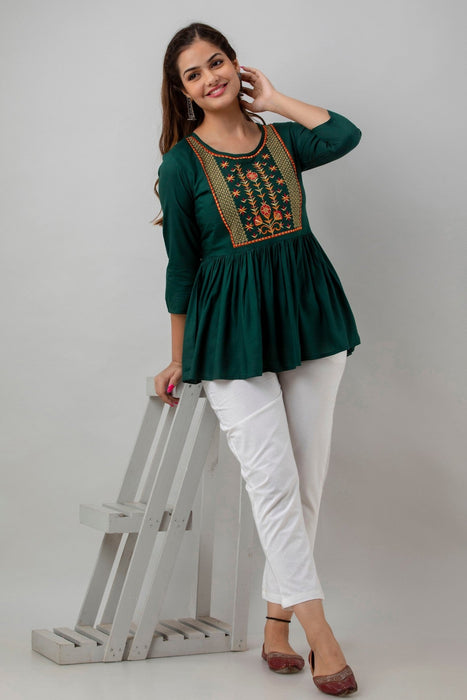 Women's Rayon embroidered Hip Length Formal Tops KRT036GREEN