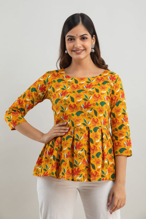 Women's Pure Cotton Printed Hip Length Formal Tops KRT023YELLOW