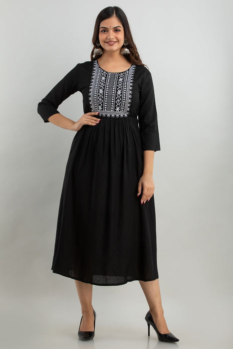 Women's Solid Dyed Rayon Designer Embroidered A-Line Kurta - KR0105BLACK