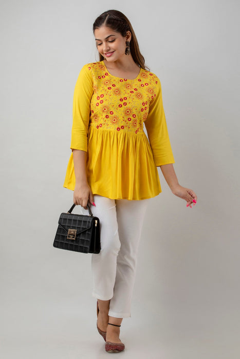 Women's Rayon embroidered Hip Length Formal Tops KRT037MUSTARD