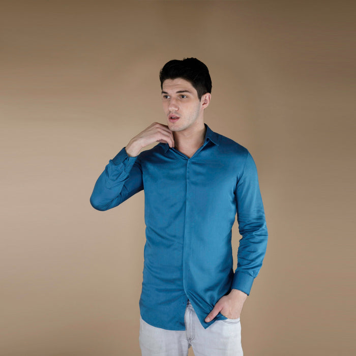 ORGANIC LOTUS FABRIC SOLID TEAL BLUE SHIRT