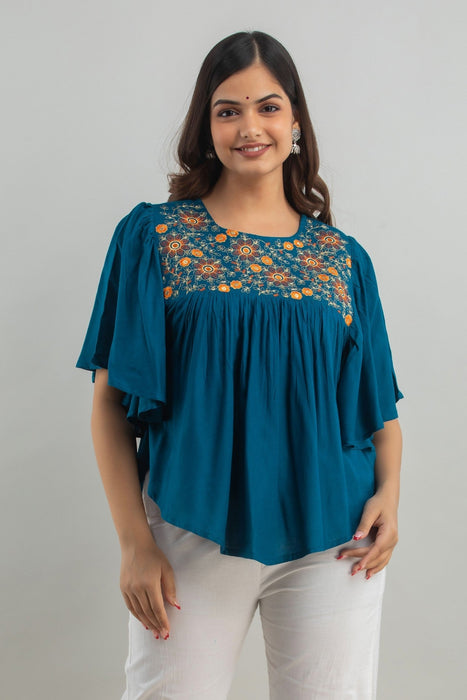 Women's Rayon embroidered Hip Length Formal Tops KRT019BLUE