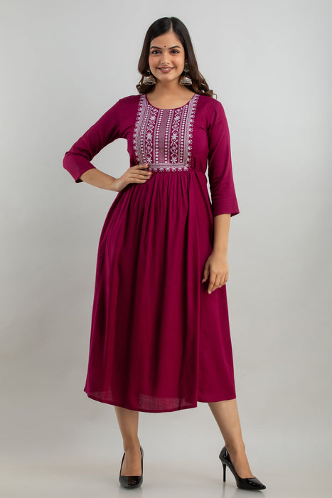 Women's Solid Dyed Rayon Designer Embroidered A-Line Kurta - KR0105WINE